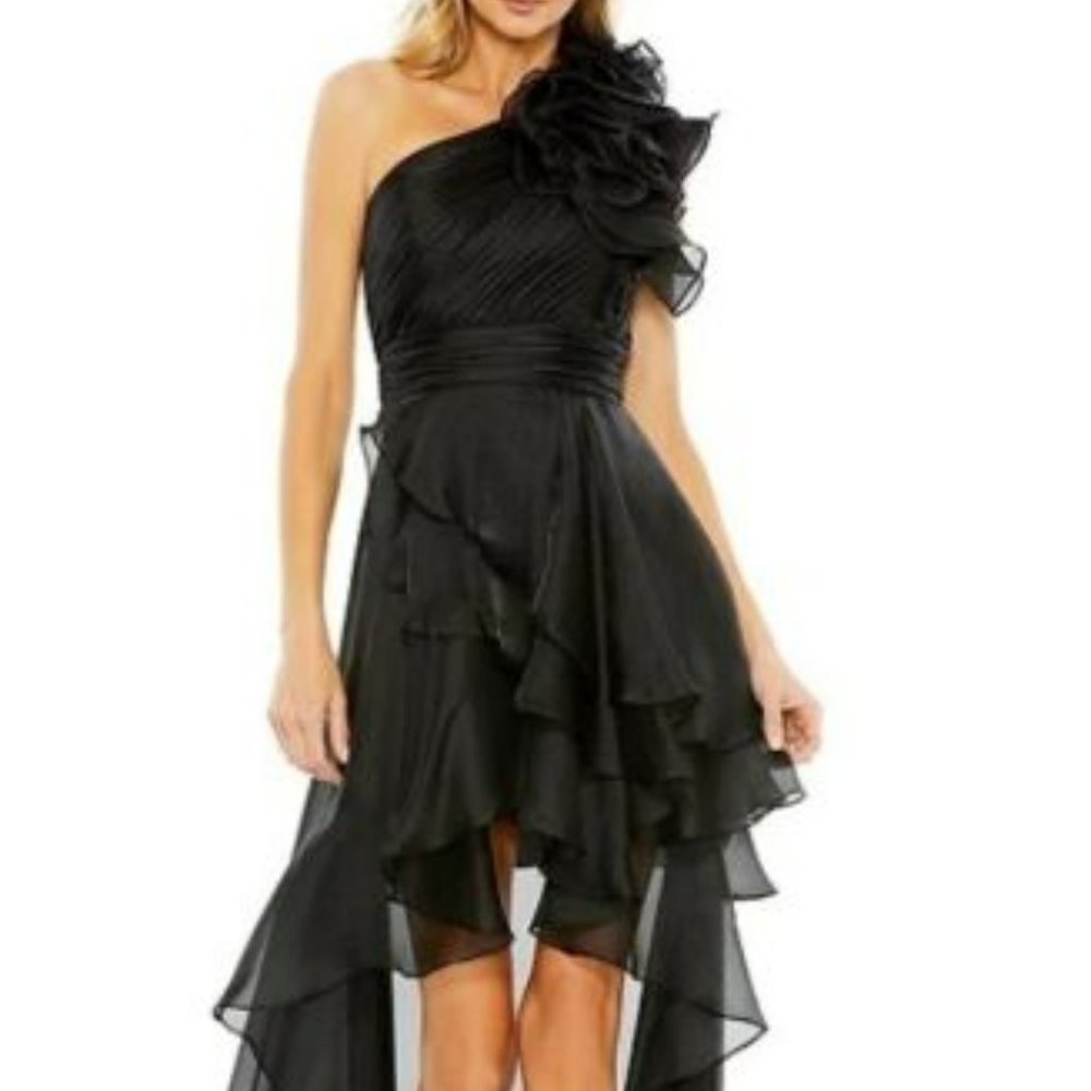 Mac Duggal One Shoulder Ruffle High-Low Tiered Gown